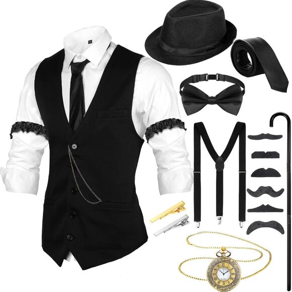 1920s Mens Costume Accessories Outfit Set, Gangster Vest Hat